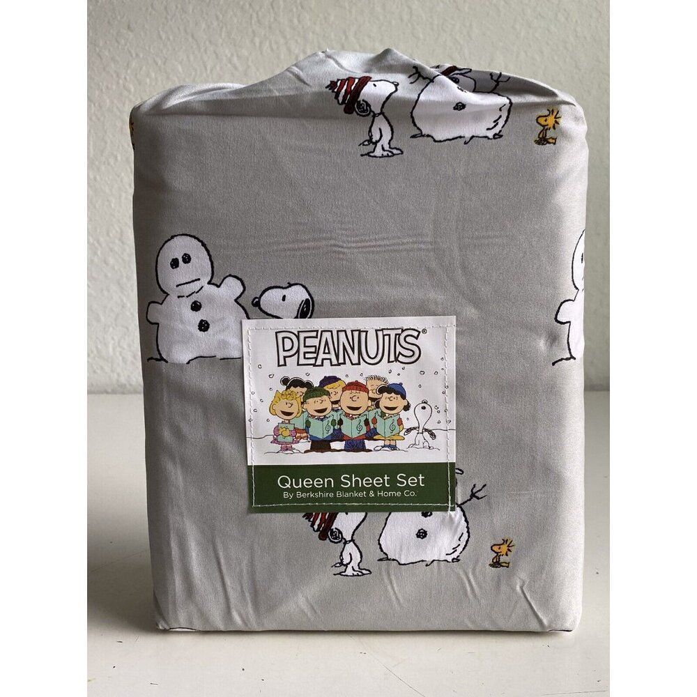 Peanuts‎ Snoopy Woodstock QUEEN SIZE Sheet Set Christmas Snowman Winter Grey NEW